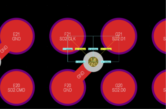 Figure 3: A ground via positioned centrally between the surrounding pads.